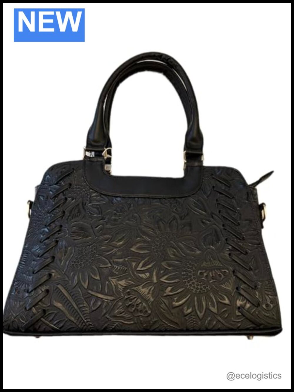 Genuine Tooled Leather Satchel Handbag w/ Crossbody Strap & Gold Hardware